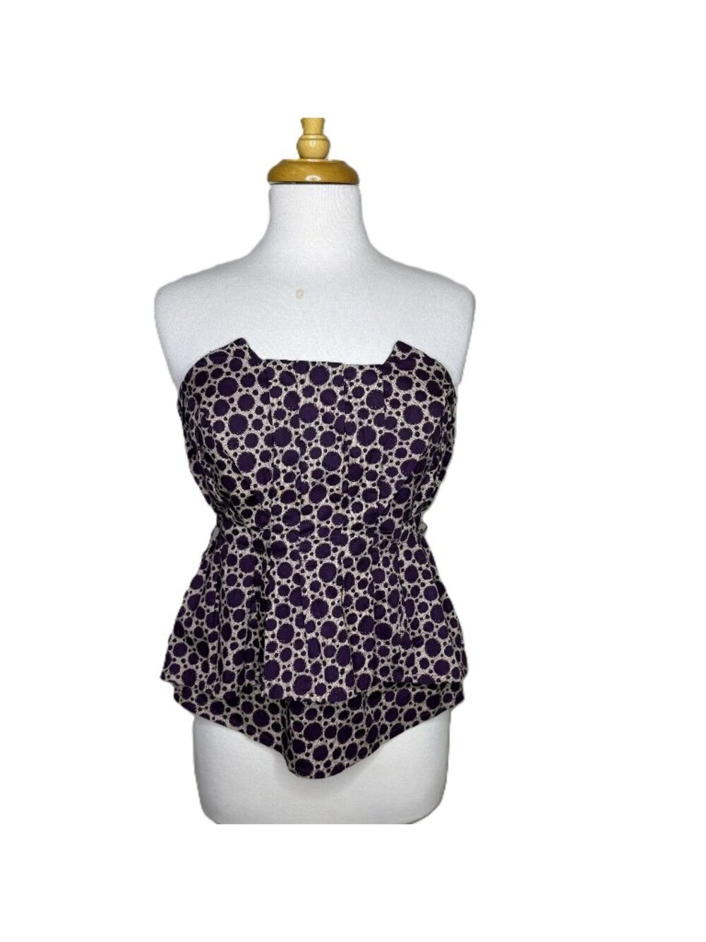 Anthropologie Maeve Purple Polka Dot Strapless Peplum Corset Top, Size Medium